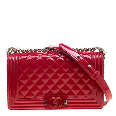 Chanel Boy Flap Bag Quilted Patent Old Medium Red 3002541